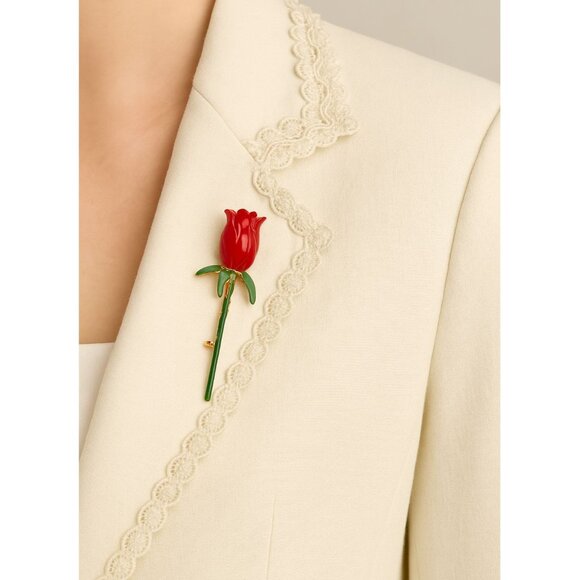 Vintage Sandor Co Red Enamel Rose Brooch Gold Tone Pin 3 Inch Floral Jewelry - Picture 1 of 11